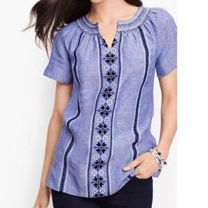 Talbots 100% Linen Blue Embroidered Blouse